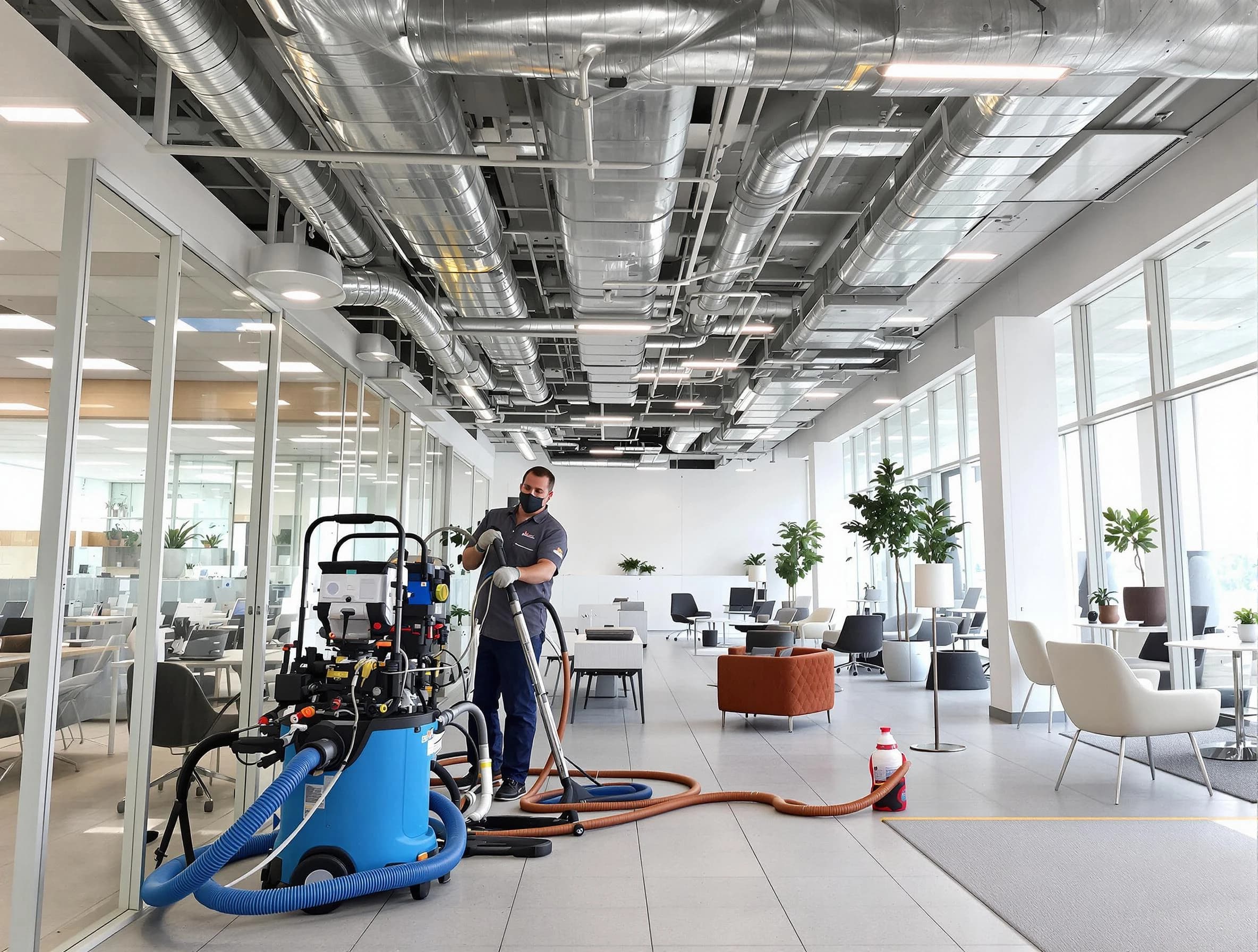 Newton Air Duct Cleaning team conducting comprehensive commercial duct cleaning at a business location in Newton