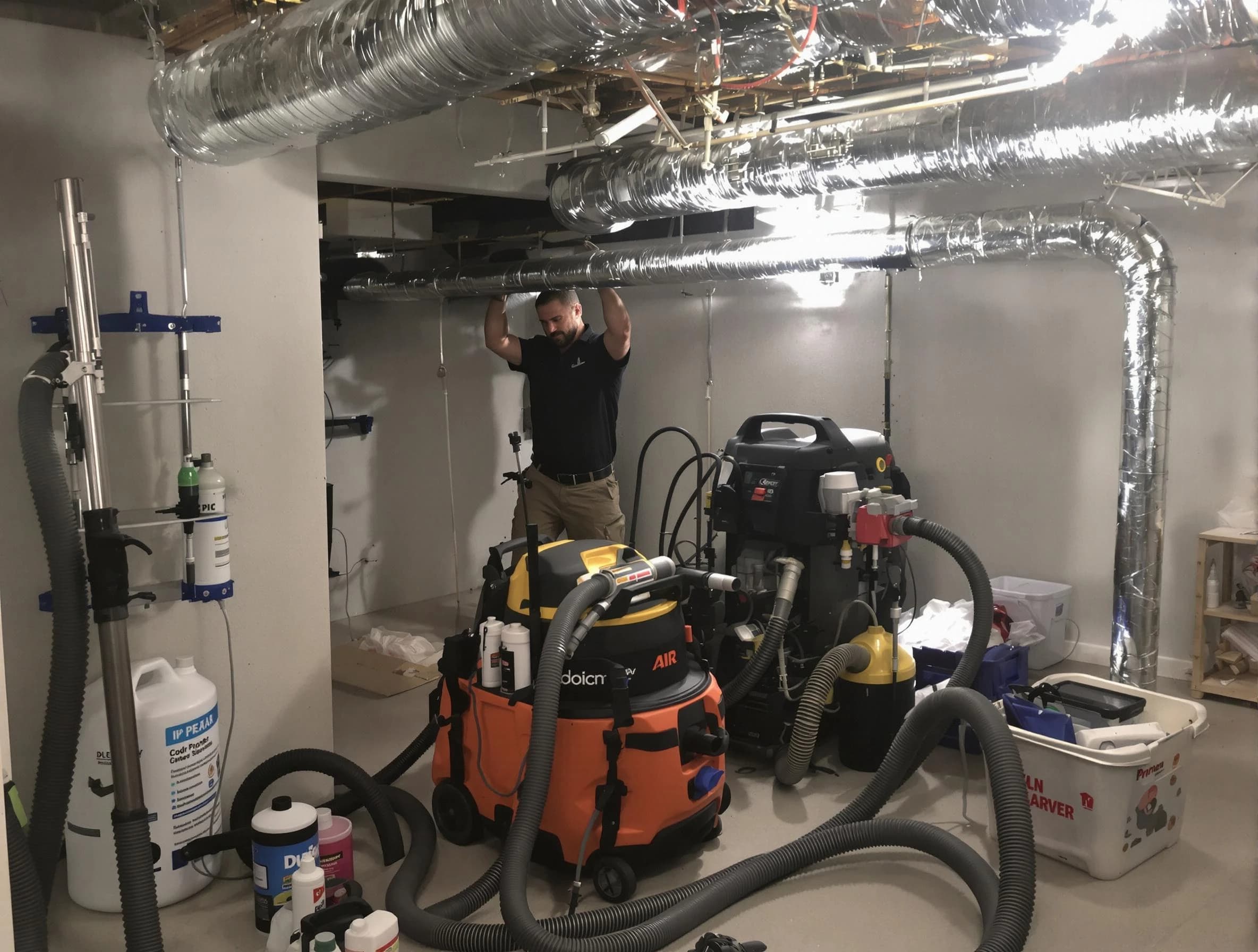 Newton Air Duct Cleaning specialist performing professional mold removal from air ducts using safety equipment in Newton